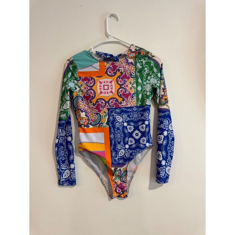 High neck Patchwork Paisley Long Sleeve‎ Swimsuit Womens S Cutout back swimwear